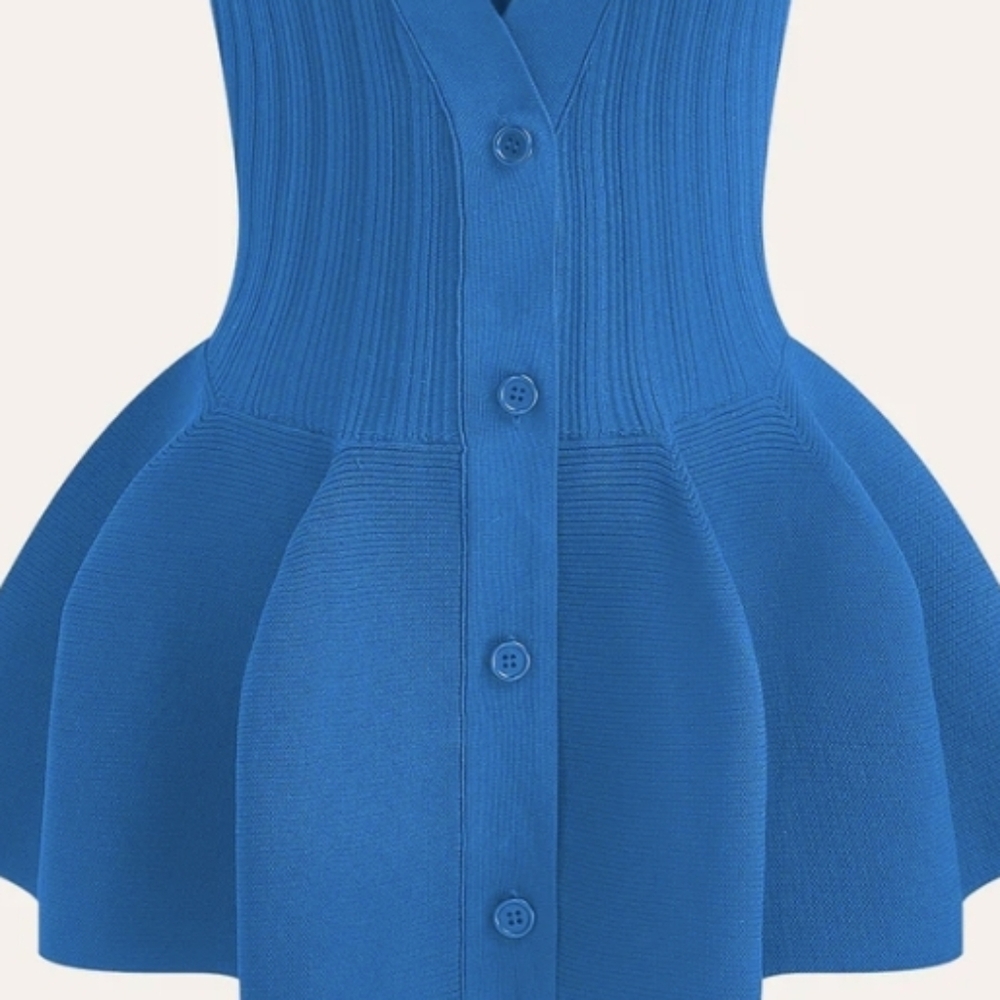 Commense Top Button Up Structured Sleeveless Knit Sweater Peplum Blue S NWT - Picture 2 of 3